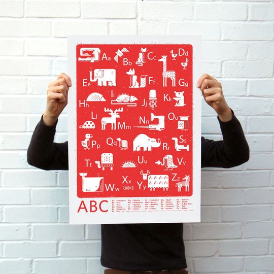 Discover ABC Red Screen Printed Alphabet Poster - Hand Printed Kids Room Art