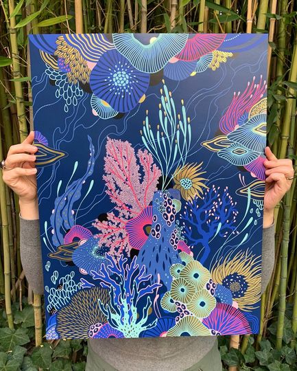 Discover Coral Reef - Seven-color screen print 18x24, gold foil, limited edition art print