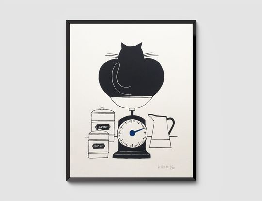 Discover Le Chat Gourmand  Black Cat on a Kitchen Scale, Signed Hand-Pulled Original Screenprint