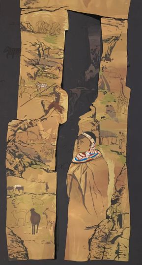 Discover Enrica Marshall African Village Art, "Tearing down the Past" unframed 15 3/4" x 28 3/4" serigraph, less than 5 prints, 50% off the price.