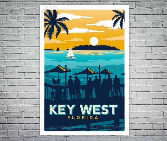 Discover Key West Sunset Pier Screen Print vintage travel poster