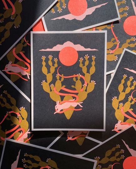Discover Desert Mini Print, 4.5x6 Riso, Risograph Art Print, Printmaking, Landscape Artwork, Hare, Jackrabbit, Cactus, Desert, Gift Idea