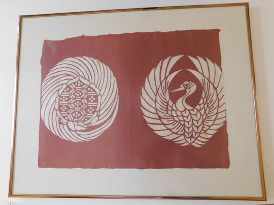 Discover Vintage Serizawa Keisuke Stencil Emperor's Crest Crane and Minogame Turtle Framed Hand Stenciled Dyed Paper 23 x 18