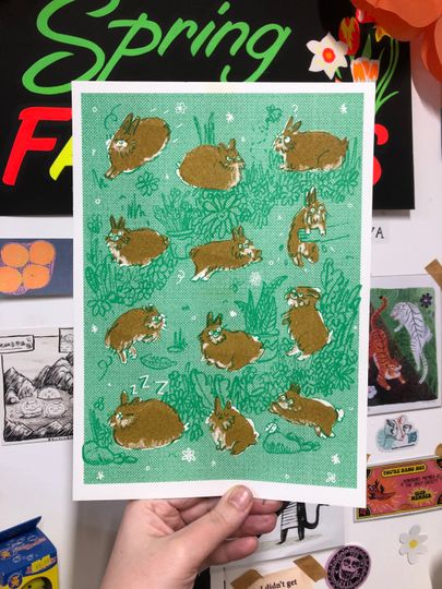 Discover Cute Rabbit Henderson Risograph Print Green and Gold Bunny Spring Adventure Hopping Through the Garden To Eat All The Things He Shouldnt