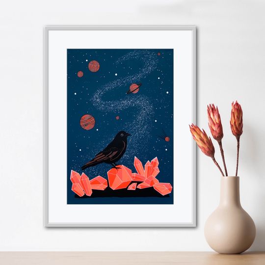 Discover BIRD ON CRYSTALS Screenprint - Crystal Illustration  Planets and Universe Print -  Limited Edition Handmade Screenprint