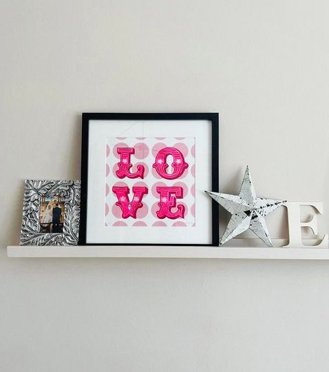 Discover LOVE - limited edition typographic 40cm square screen print, pinks and silver
