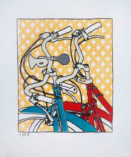 Discover Two Bikes Together - Beautiful Bicycle Cycling Love Art Gift Print - on Yellow