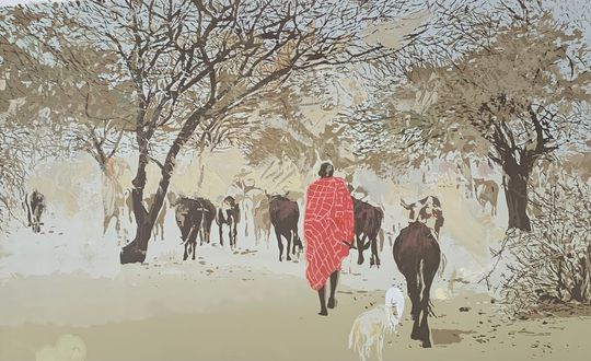 Discover Enrica Marshall Vintage African Village Art, "Dry Season" unframed 12 1/4" x 20" serigraph, limited less than 5 prints 40% off the price.