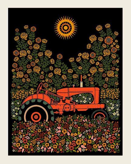 Discover Tractor with Flowers Screen Print, Home Decor, Wall Art, Vintage Inspired