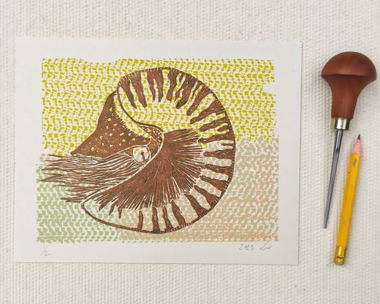 Discover NAUTILUS | Limited Edition Handmade Linocut Print | original marine life art | Ocean Flora | zoological design | biology decorative graphic