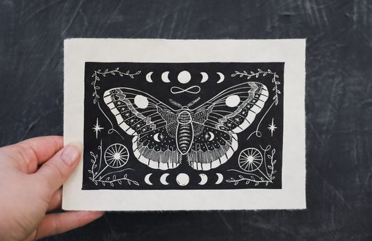 Discover Night Moth Linoprint Art for Nature and Witchy Decor