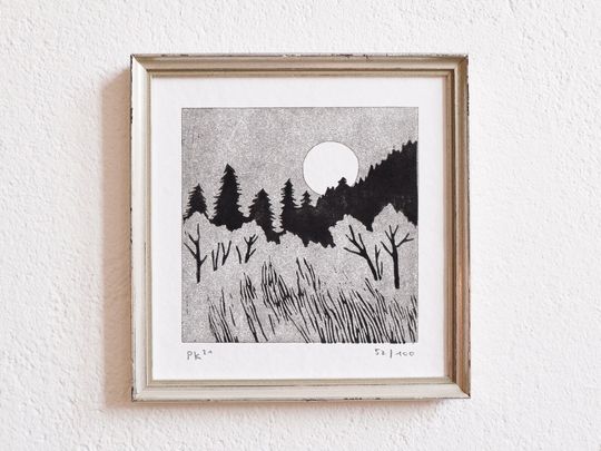 Discover moon series 10  original linocut  limited edition