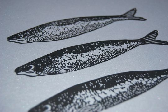 Discover Shimmering Sardines art print - original linocut print, gift for cooks, fish art