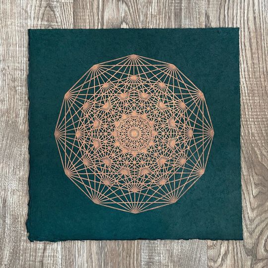 Discover DEMIHEPTERAKT  Sacred Geometry Linocut Print  Copper/Emerald Green