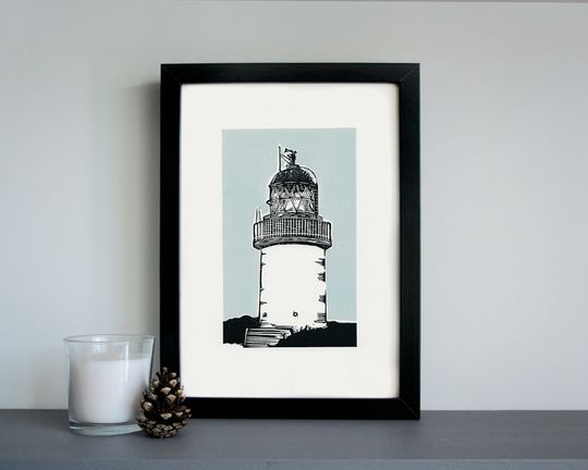 Discover Lighthouse art print - lighthouse linocut, Corran lighthouse, coastal art print