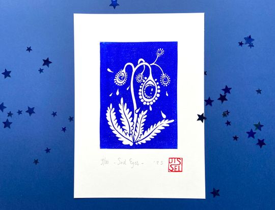 Discover Blue Floral Linoleum Print - Handmade Original Birthday Gift - Surreal Wall Decor - Size 29 x 21 cm