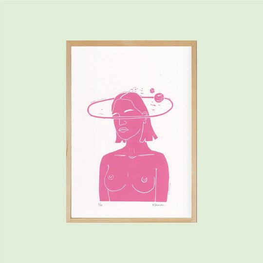 Discover A4 - My World Revolves Around You - Original, limited edition linoprint - Bubblegum pink wall art - Spacey, celestial, feminine - Minimalist