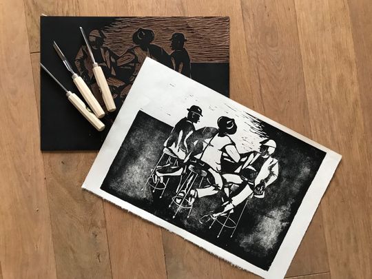 Discover Men at Bar | Linocut