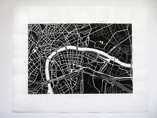 Discover Hand printed linocut "Three border's passage" historical city map, black and white linoprint with Vauban citadel