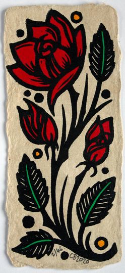 Discover Little Roses - 2020 edition. A hand painted Linocut print on handmade Bhutanese 6x13cm heavyweight paper in an edition of 46
