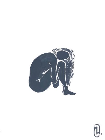 Discover A Body - hand-printed linocut on paper, 2022, #1, Gray blue