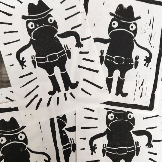 Discover Cowboy Frog- Handmade Lino Print