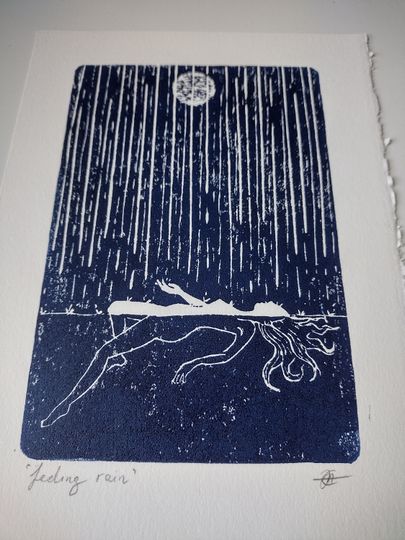 Discover Feeling Rain Linocut Print - Wild Swimming Coastal Art