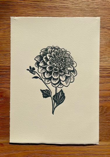 Discover Dahlia- Lino cut print - botanical art illustration - flower
