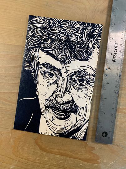 Discover Portrait of Kurt Vonnegut, in Linocut, Part of a SMALL PRINTS series, by Tom Callos