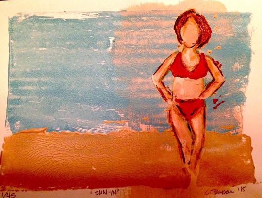 Discover Sunning -- Original Linocut Print, Limited Edition of 45, 5"x7" print in 8"x10" matte frame