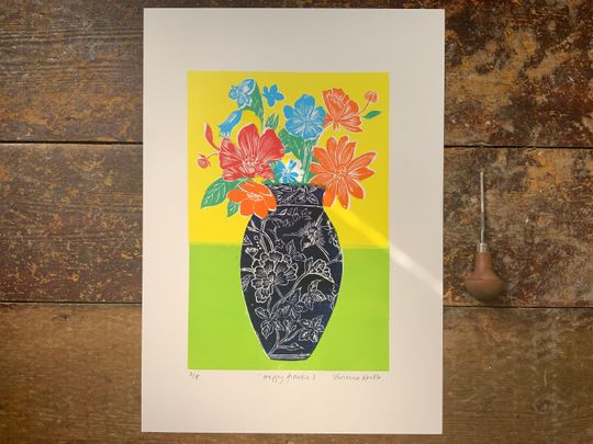 Discover Linocut print | Vase of flowers | Floral | Flowers | A3 | Original Art | Still life | Hand Printed | Wall Art | Block Print |
