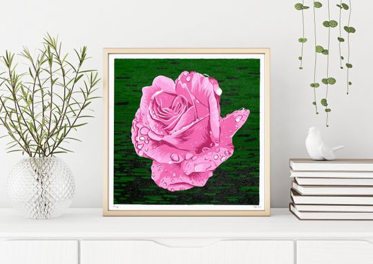 Discover Pink Rose hand printed limited edition reduction linocut print
