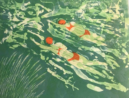 Discover Two go Wild Again ' Original Linocut Print two swimmers Wild swimming wall art