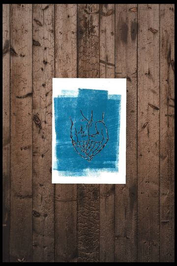 Discover A5 original linocut. Rose gold hands on blue.