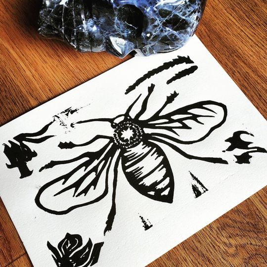 Discover November Bee 5x7 Linocut Print - Dark Mystic Art