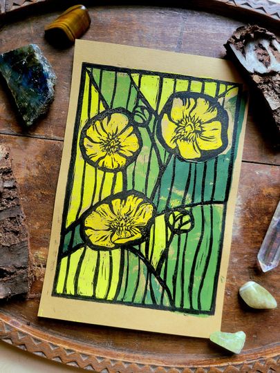 Discover Buttercup Stained Glass Handmade Print - Natural Wildflower Art
