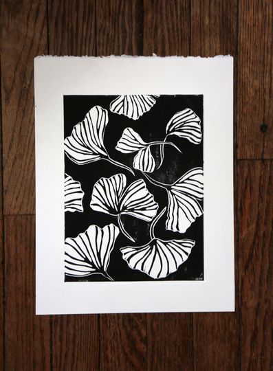 Discover Black & White Ginko Leaves Hand Printed Linocut Print