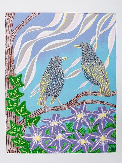 Discover Lino Print art animals nature birds flowers plants wildlife tree starling countryside garden