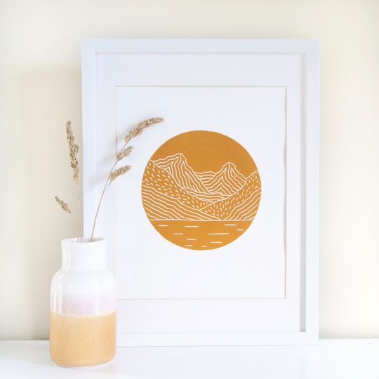 Discover Mountain Linocut Print Wall Art, New Zealand - The Routeburn, Lake MacKenzie