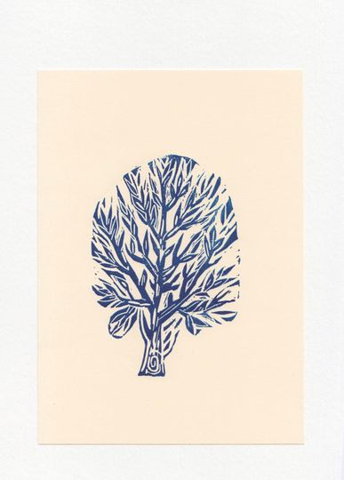 Discover Tree Block Print A5 / Blue Linocut Original Art