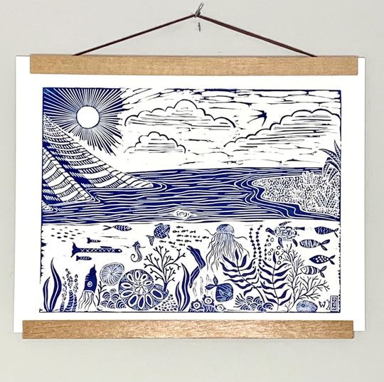 Discover Original Sea life Scenic Linocut block Art Print