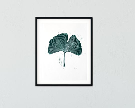Discover Ginkgo Leaf green and white linocut block print #123