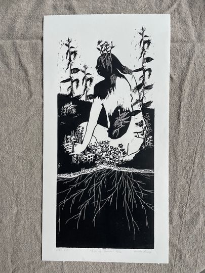 Discover Girl of Growth (black) - original linocut