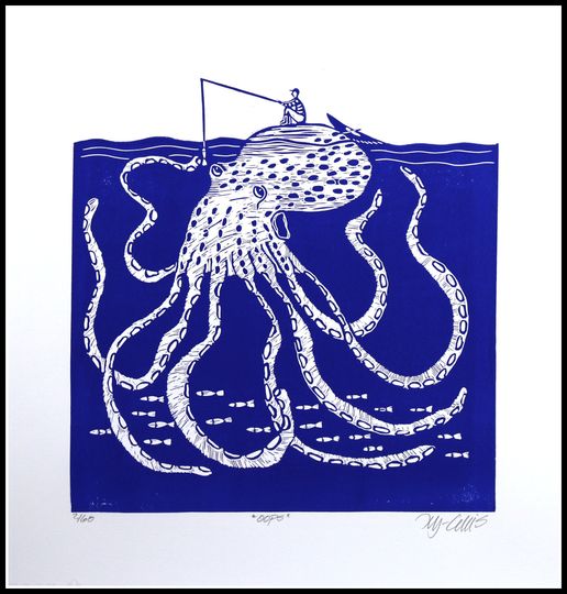 Discover linocut, Oops, blue and white, handprinted, signed, Mariann Johansen-Ellis, octopus, fishing