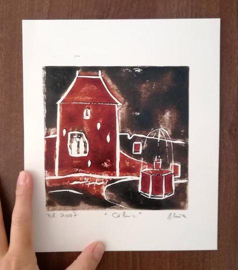Discover Linocut print, medieval fortified church, Calnic keep & water well, architecture, Transylvania, Romania, original linoleum art, block print