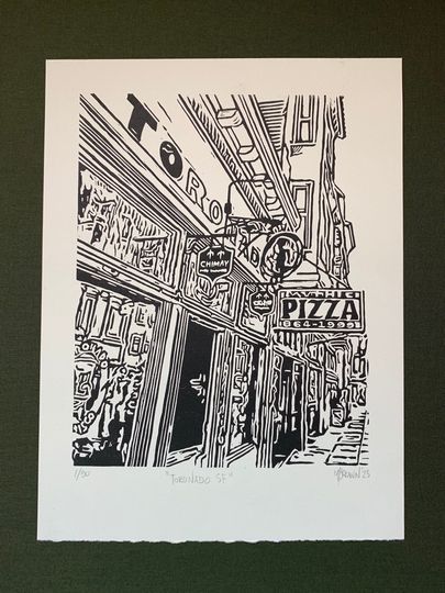 Discover Toronado SF- original linocut, handprinted, dive bar, San Francisco, classic signage, Victorian architecture, cityscape