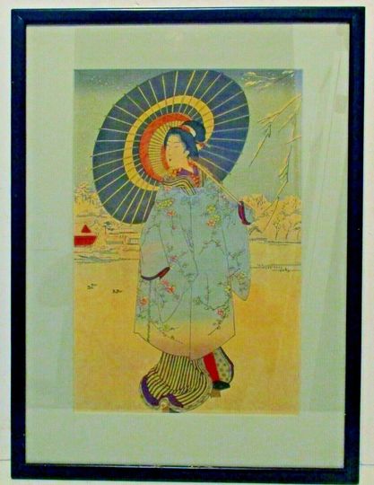 Discover Antique Asian Woodcut Print Geisha with Umbrella in the Snow