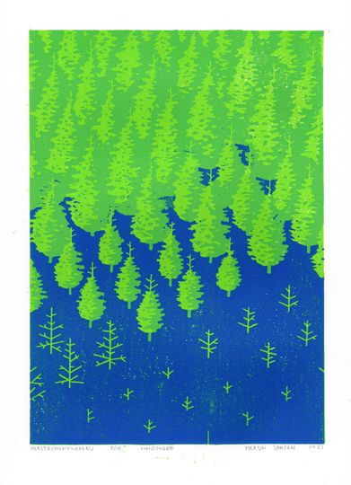 Discover Kerstbomenkwekerij - original linocut print