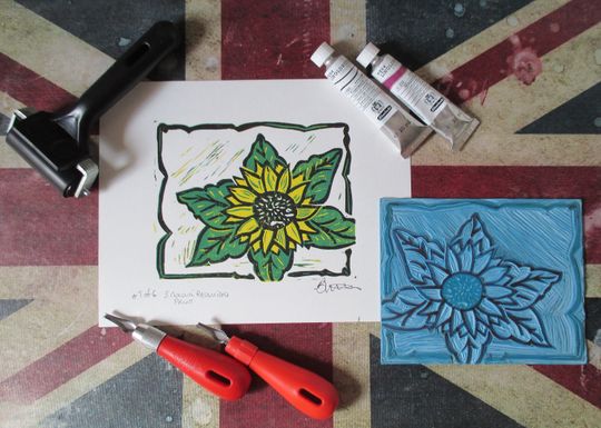 Discover Reduction Lino Cut Original Artwork, limited edition of only six, Sunflower with freehand border. (paper size 230mm x 180mm)