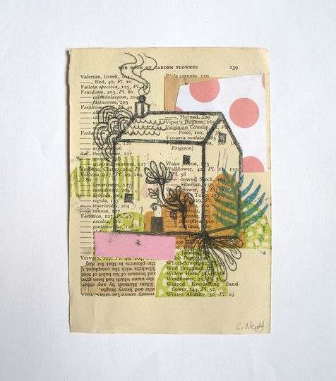 Discover Small Hand Drawn Monoprint Collage Mixed Media Vintage Paper House Art, Quirky Folk Original Cut Paper Linoprint Art Wall Decor Art
